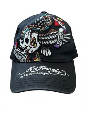ED HARDY Genuine Y2K Vintage Trucker Embroidered Skull Eagle New York Hat